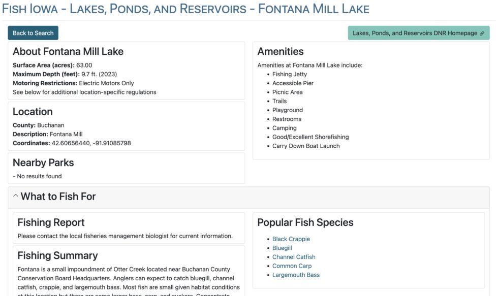 Fontana Mill Lake fishing details from the Iowa DNR