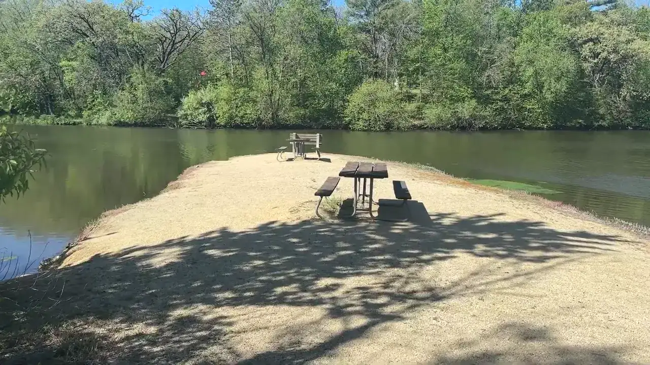 Fishing jetty with a picnic table on Fontana Lake at Fontana County Park
