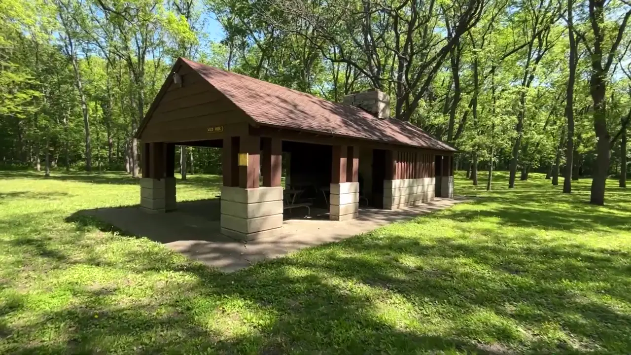 Stone and wood shelter house with a chimney in an open area at Heery Woods State Park