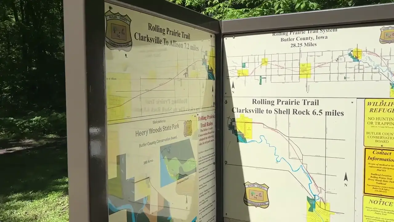 Rolling Prairie Trail map sign showing the routes from Clarksville to Allison and Shell Rock